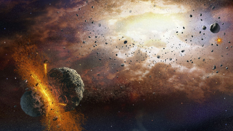 Artwork showing the collision of rocky bodies (planetesimals) in the early solar system