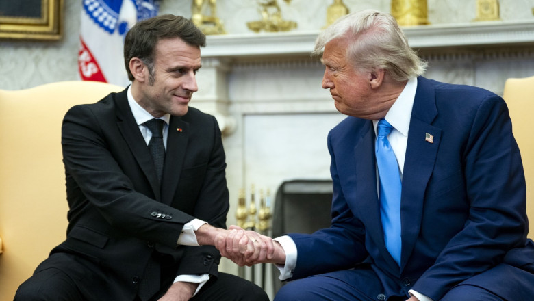 President Donald Trump meets with President of France Emmanuel Macron in the Oval Office at the White House in Washington