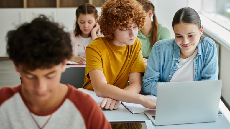 Redhead,Schoolboy,Using,Laptop,With,Smiling,Classmate,Together,During,Lesson
