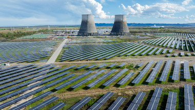 Trino, Italy - April 1, 2024: from nuclear power to photovoltaics: a solar power plant has been built on an area of 130 hectares, with 160,000 modules