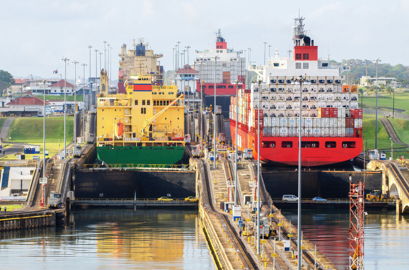 Two,Cargo,Ship,Transiting,The,Miraflores,Locks,In,The,Panama