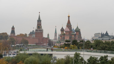 Iconic view of Moscows Red Square featuring the Kremlin and St. Basils Cathedral in autumn