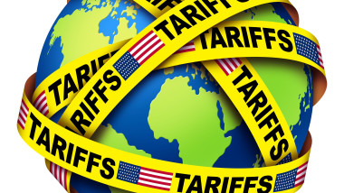 US Global Trade War USA and global trade wars or American tariffs on world trading partners as two opposing cargo freight containers in conflict as an