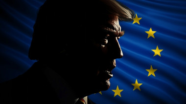 Menacingly,Donald,Trump's,Face,Silhouette,Dark,Profile,Against,European,Flag