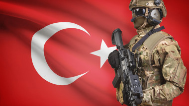 Soldier in helmet holding machine gun with national flag on background - Turkey