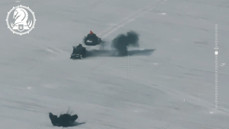 A Vladimir Putin armoured convoy flying the red Soviet hammer and sickle flag is blown up by Ukrainian drones near Nikolskoye in Kursk region.