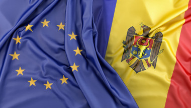 Ruffled Flags of European Union and Moldova. 3D Rendering