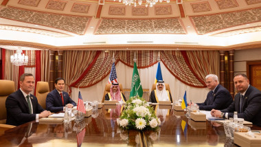 US Secretary of State Marco Rubio (2nd L), US National Security Advisor Mike Waltz (L), Ukrainian Foreign Minister Andrii Sybiha (3rd R), Ukrainian Head of Presidential Office Andriy Yermak (2nd R), and Ukrainian Minister of Defense Rustem Umerovto (R) hold a meeting in Jeddah in the presence of Saudi Foreign Minister Faisal bin Farhan (3L) and National Security Advisor Mosaad bin Mohammad al-Aiban (C) in Jeddah, Saudi Arabia, on March 11, 2025.