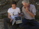 Researchers examining hominid jawbone fossil