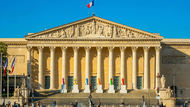 France, Paris, area listed as World Heritage by UNESCO, Palais Bourbon, seat of the National Assembly, colorful statues The Venuses by Laurent Perbos on the occasion of the 2024 Olympic Games