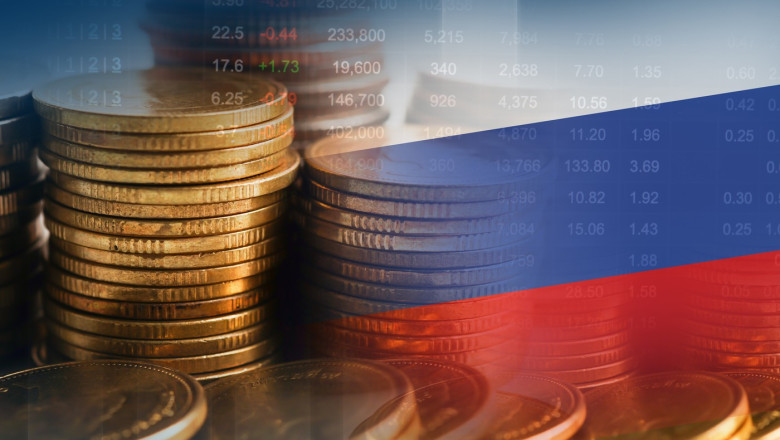 Russia flag with stock market finance, economy trend graph digit