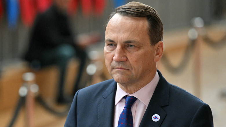 Poland's Foreign Minister Radosław Sikorski talks to journalists