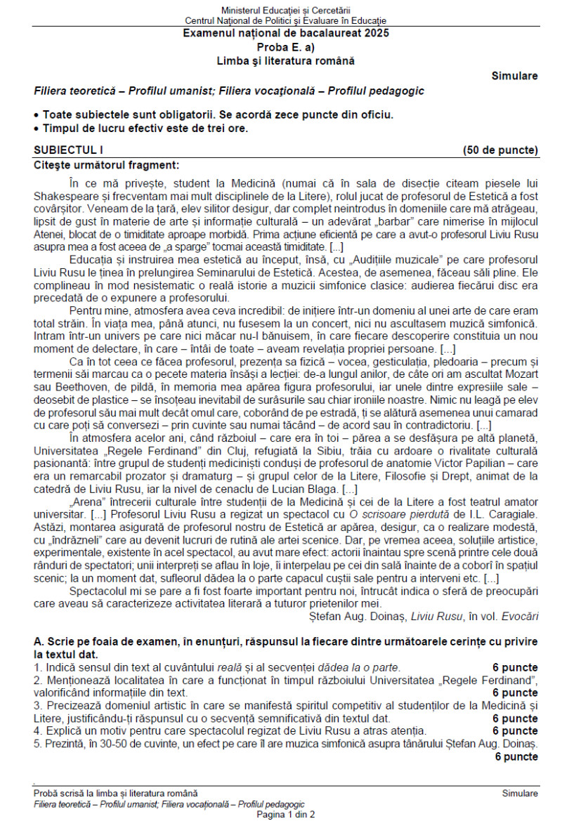 Simulare Limba și literatura română, profil uman, pag 1