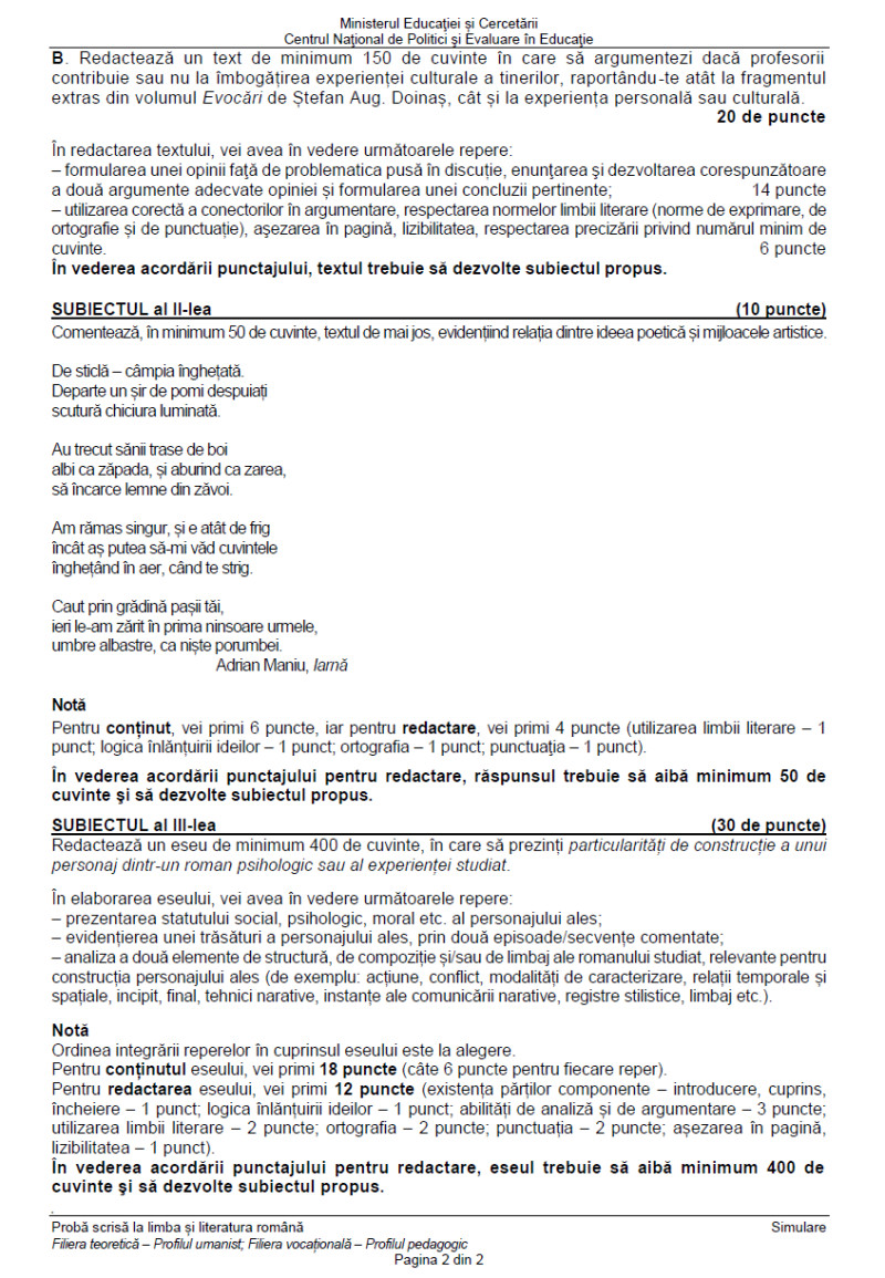 Simulare Limba și literatura română, profil uman, pag 2