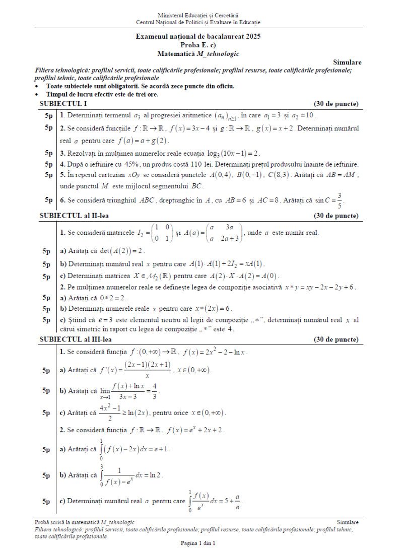 Simulare matematică, BAC 2025, profil tehnologic