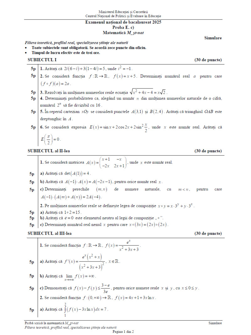 Simulare matematică, BAC 2025, Științele naturii, pag 1