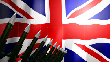 Cruise missiles, flag of United Kingdom in background - defense concept - 3D illustration