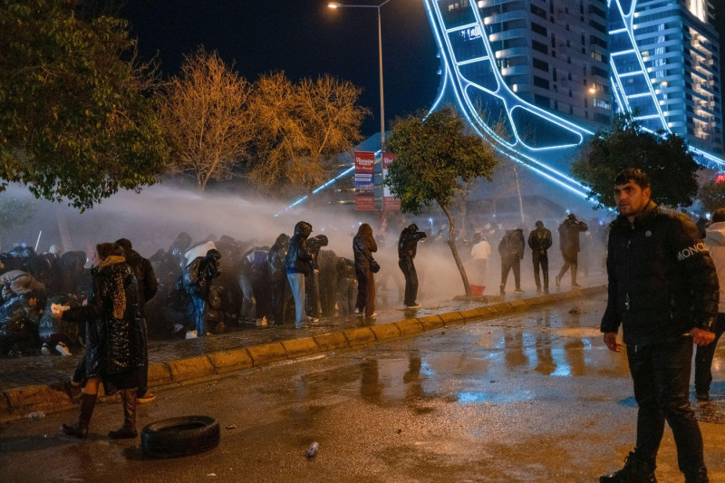 Police teams are seen spraying water cannons at the protesters in support of Ekrem Imamoglu during the demonstration. Protesters gathered to support Ekrem ?mamo?lu and oppose his detention. The people wanted to march to the provincial building of the AK P