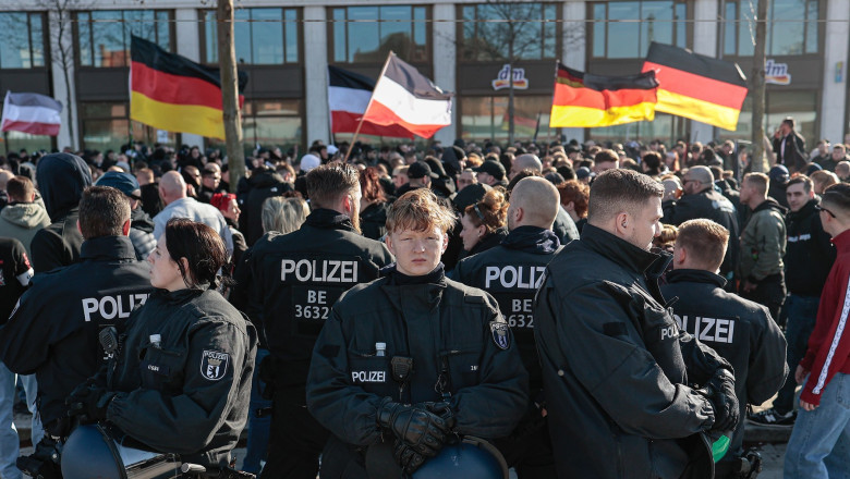 German police officers amid a right-wing protest near Berlin’s Ostkreuz train station