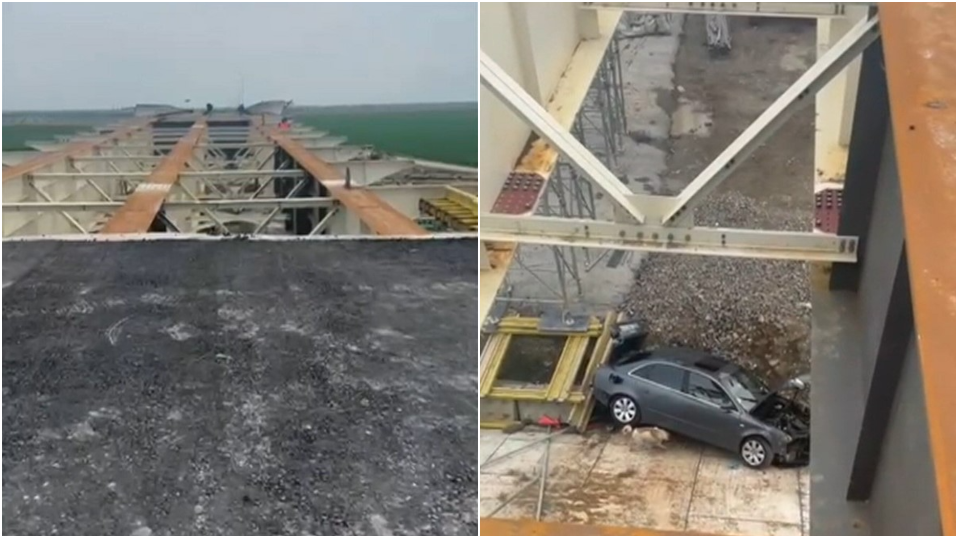 Incident șocant pe A7, în Buzău: un șofer a căzut cu mașina de pe un pod aflat în construcție, de la mai bine de 10 metri înălțime
