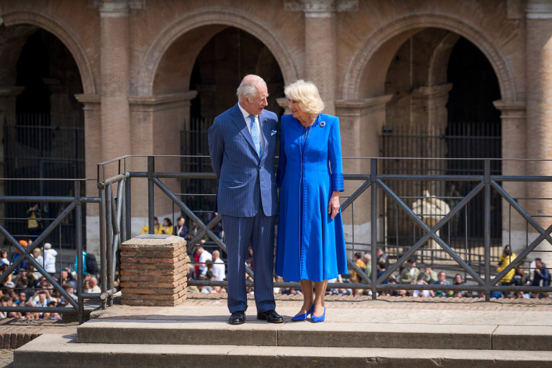 Their Majesties, King Charles III and Queen Camilla, arrive at the Colosseum in Rome, Italy, on 8 April 2025.