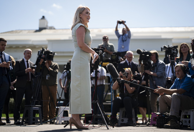 WH Press Secretary Leavitt talks to Reporters