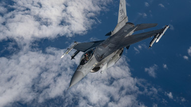 A U.S. Air Force F-16 Fighting Falcon, assigned to the 77th Expeditionary Fighter Squadron, flies over the Philippine Sea, Nov. 26, 2024. The aircraft