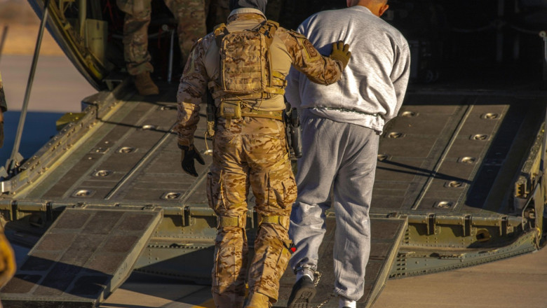BIGGS ARMY AIRFIELD, FORT BLISS, TEXAS, USA - 08 February 2025 - U.S. Immigration and Customs Enforcement ( ICE ) agents, in coordination with the U.S