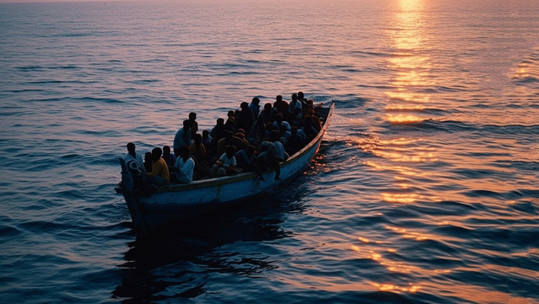 Refugees concept. Boat with refugees at sea,Overload boad with people flee to another country because of the war.