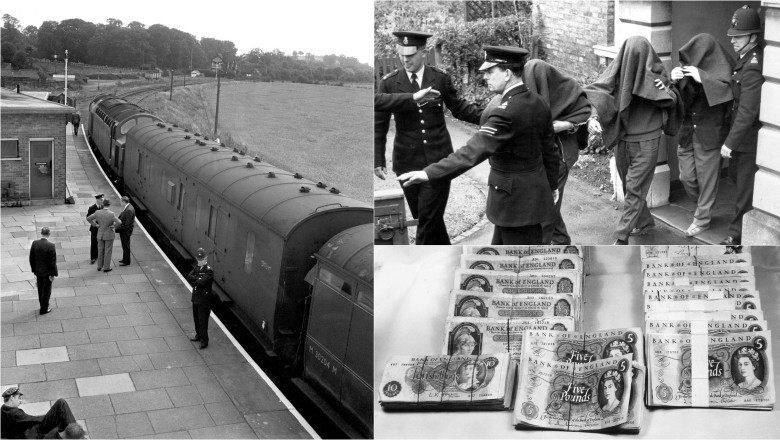 poze cu trenul Poștei britanice jefuit în 1963, hoții duși la poliție și o parte din banii recuperați