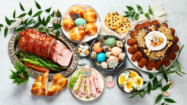 Classic,Easter,Ham,Dinner.,Top,View,Table,Scene,On,A