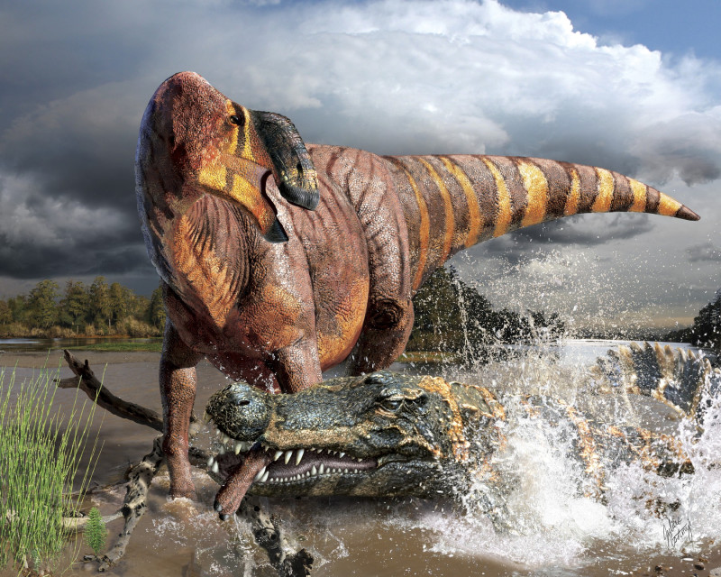 Deinosuchus prehistoric crocodilian hunting, illustration