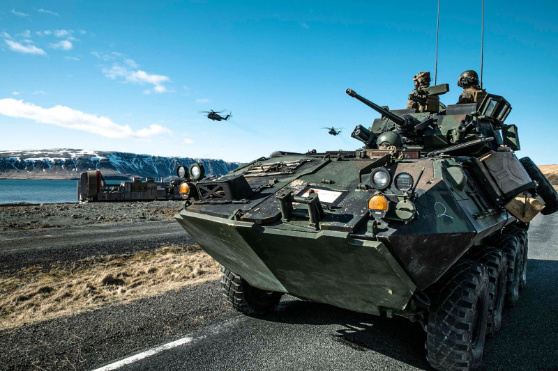 A U.S. Marine Corps Light Armored Vehicle, assigned to 22nd Marine Expeditionary Unit, executes a ship-to-shore exercise in support of Northern Viking 2022, in Miðsandur, Iceland, April 11, 2022. Northern Viking 22 strengthens interoperability and force r