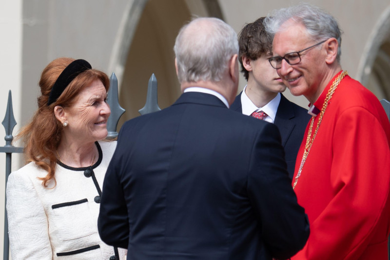 Windsor, Berkshire, UK. 20th April, 2025. Sarah Ferguson and Prince Andrew, The Duke of York leaves St George's Chapel at Windsor Castle in Berkshire after attending the Easter Sunday Church Service. Credit: Maureen McLean/Alamy Live News