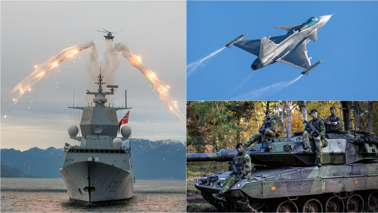 navă de război din Norvegia, avionul JAS 39 Gripen din Suedia și soldați suedezi pe un tanc Stridsvagn 122