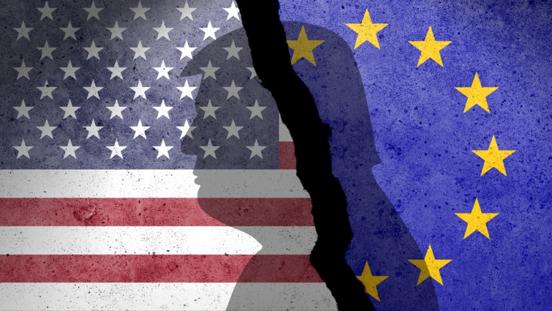 Usa,And,Eu,Flags,On,A,Concrete,Wall.,Usa,And