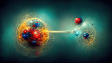 Subatomic particles and atoms, conceptual illustration