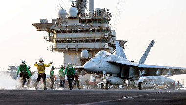 USS Harry S Truman, International Waters. 01 April, 2025. A U.S. Navy F/A-18E Super Hornet fighter aircraft from the Sunliners of Strike Fighter Squadron 81, is prepared to launch from the flight deck of the Nimitz-class aircraft carrier USS Harry S. Trum