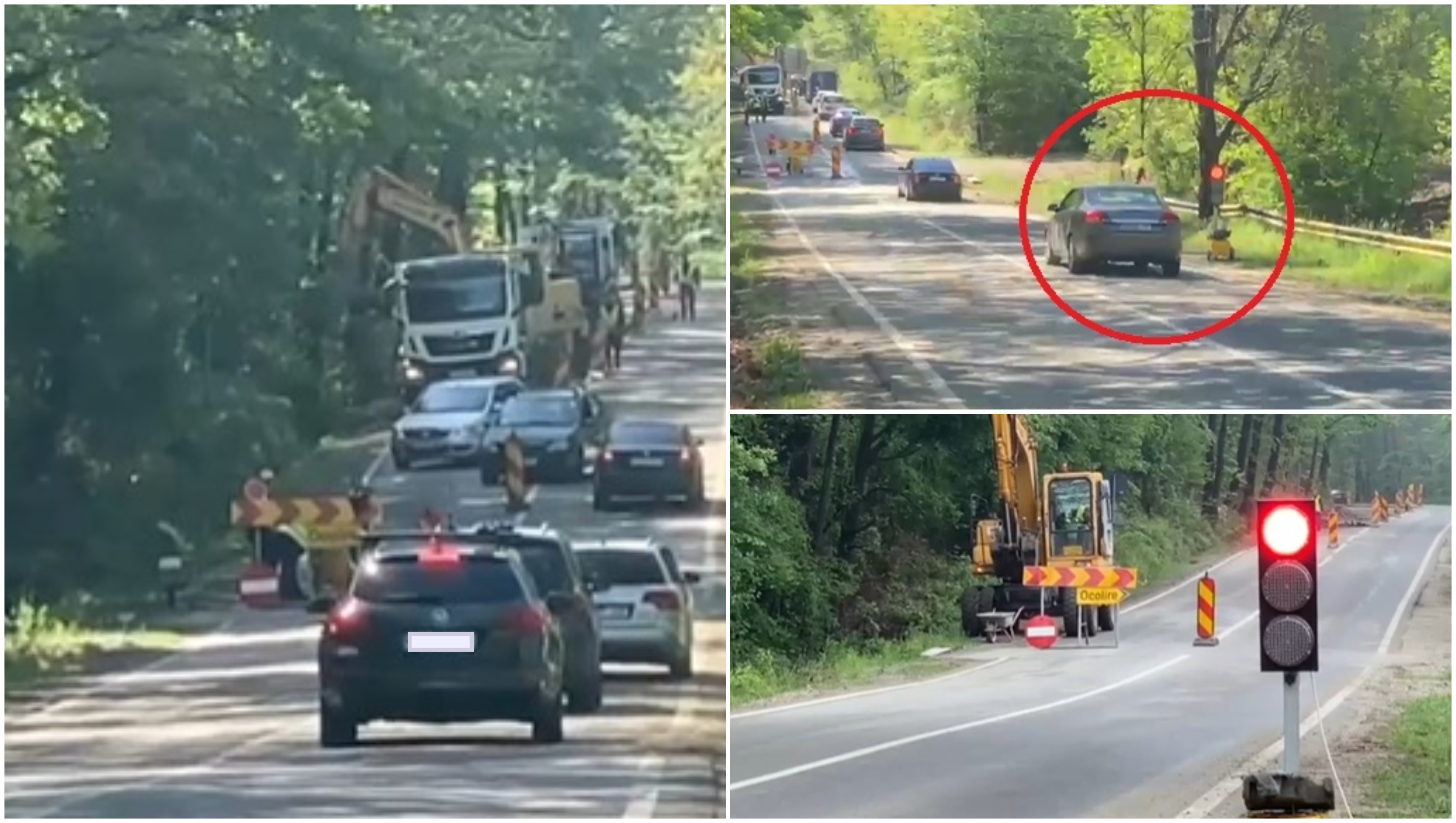 Inconștiență în trafic pe un drum în lucru din Gorj. Momentul în care mai mulți șoferi trec pe culoarea roșie a semaforului