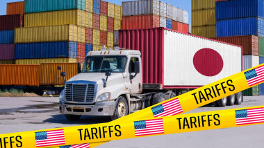 A Japan-marked shipping container on a truck, blocked by US 'Tariffs' tape, symbolizing the trade war's impact on Japan-US relations - Montage