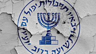 flag of Mossad painted on cracked wall