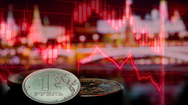 Ruble Euro Dollar Coins Ukraine Sanctions Kremlin Background Chart Plunge Macro