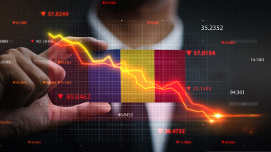Graph,Falling,Down,In,Front,Of,Romania,Flag.,Crisis,Concept