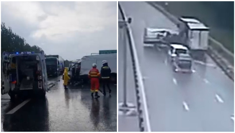 VIDEO  Accident grav de pe A1, Arad. Momentul în care un autotren, un microbuz și autoutilitară de 3,5 tone se ciocnesc