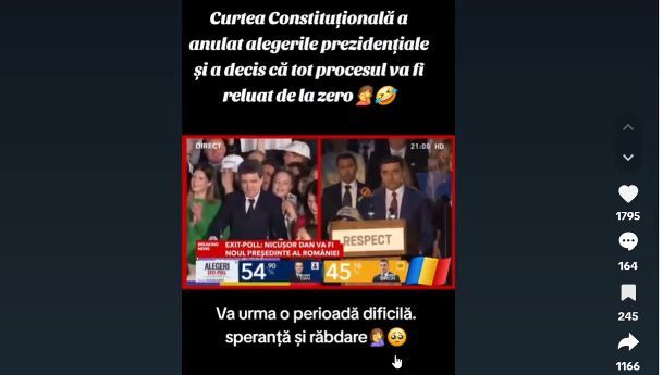 CNA cere TikTok să elimine un fake news care anunță că alegerile au fost anulate de Curtea Constituțională