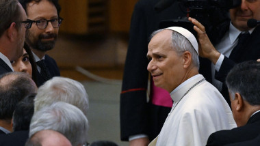 Pope Leo XIV meets with media professionals on May 12, 2025 at the Vatican. The pope urges them to serve truth and promote peace, saying communication helps create a society’s culture. The Pope went on to reaffirm the Church’s solidarity with journalists
