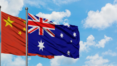 China and Australia flag waving in the wind against white cloudy blue sky together. Diplomacy concept, international relations.