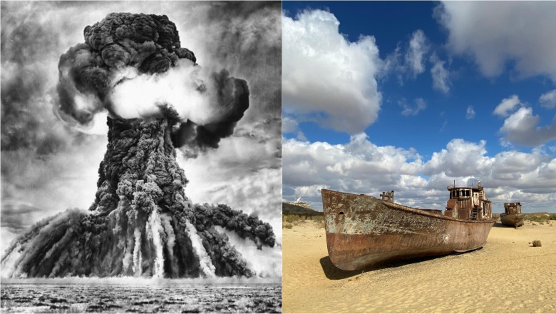test nuclear în Ciagan, Kazahstan, în vremea Uniunii Sovietice / epavă într-o zonă secată a Mării Aral
