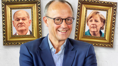 Friedrich Merz, neuer Bundeskanzler, Symbolfoto mit Vorgängern Olaf Scholz und Angela Merkel, Mai 2025