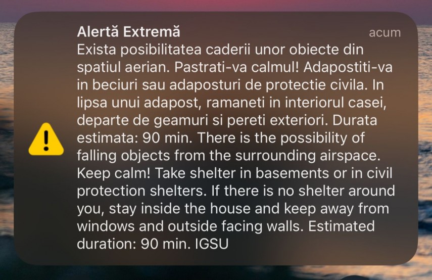 Mesaj Ro-Alert în Tulcea: Populația, avertizată în legătură cu „posibilitatea căderii unor obiecte din spațiul aerian”